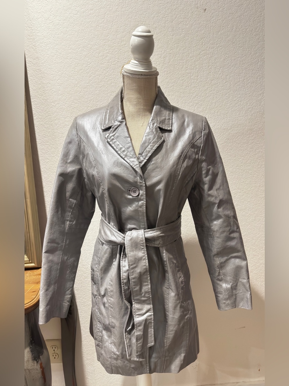 Metrostyle Silver Metallic Genuine Leather Trench Coat Belted Size 6 Y2K